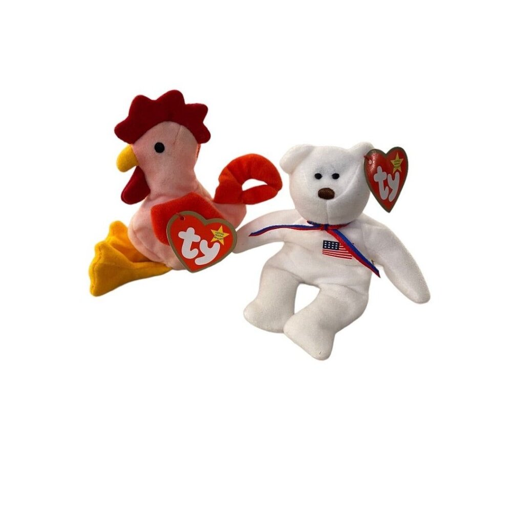 Ty Teenie Beanie Babies Strut the Rooster and Libearty the Bear 5" Plush Tgs